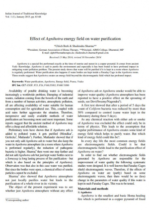 2015 Effect of Agnihotra energy field on water purification, Ulrich Berk & Shailendra Sharma